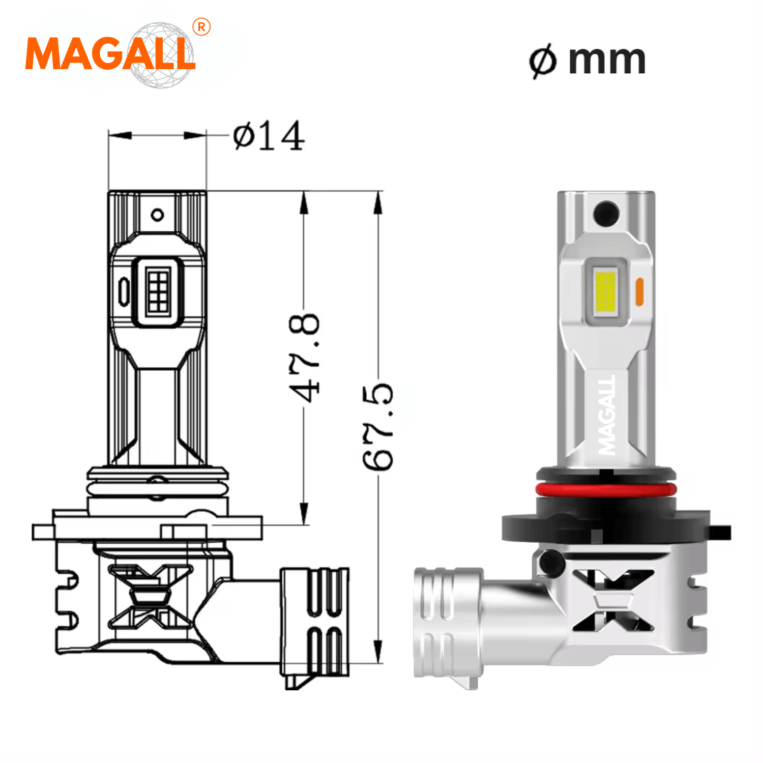 Żarówka LED HIR2 MAGALL X PRO 1 do 1 wymiary techniczne żarówki rysunek techniczny